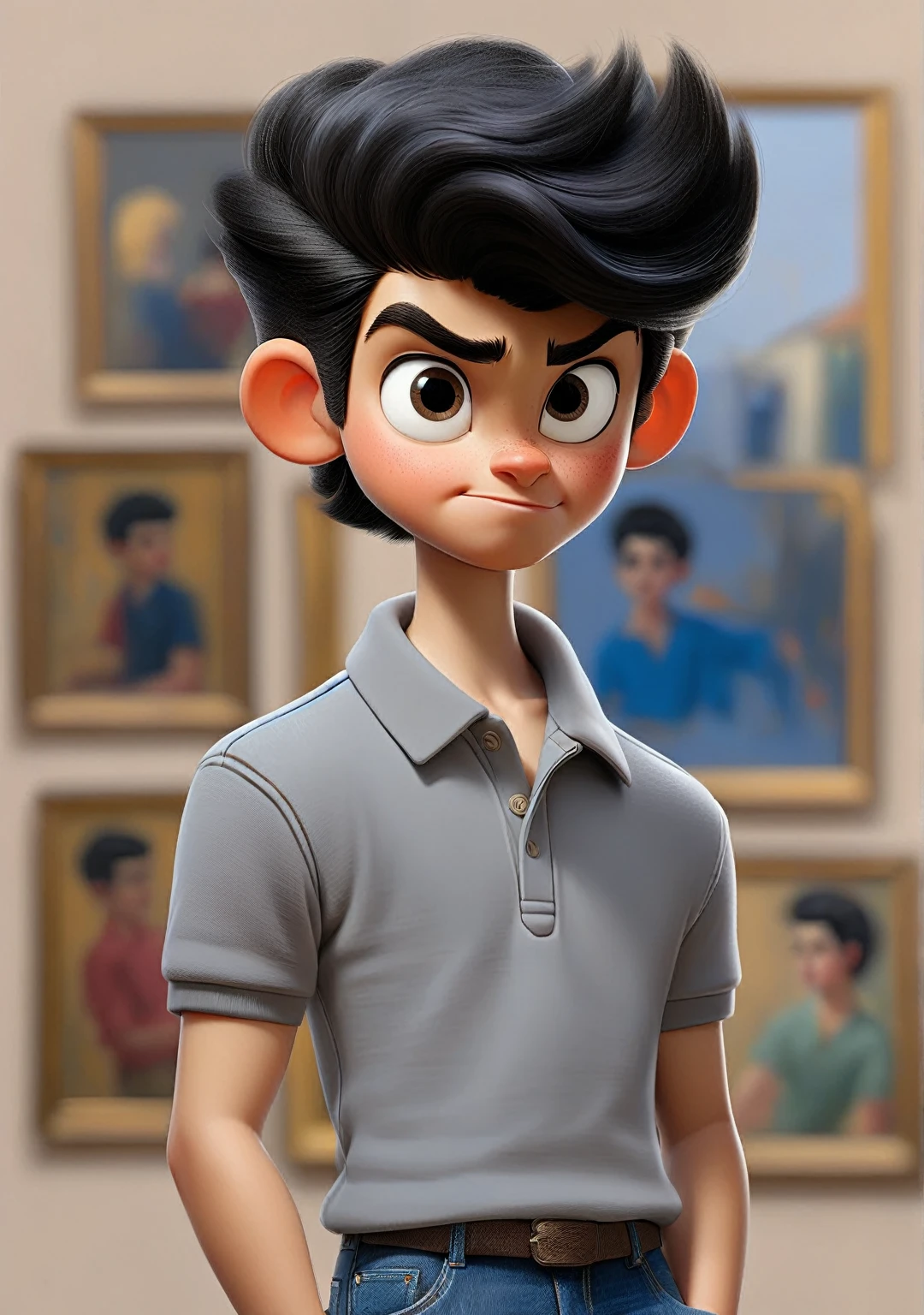 Happy boy exposing black hair combed to the sides, He is wearing a gray polo shirt and blue jeans.. He is holding an exhibition on the painting of Greco&#39;s son&#39;s snitch. He is standing in a classroom. Excellent quality image, Disney Pixar animation type.