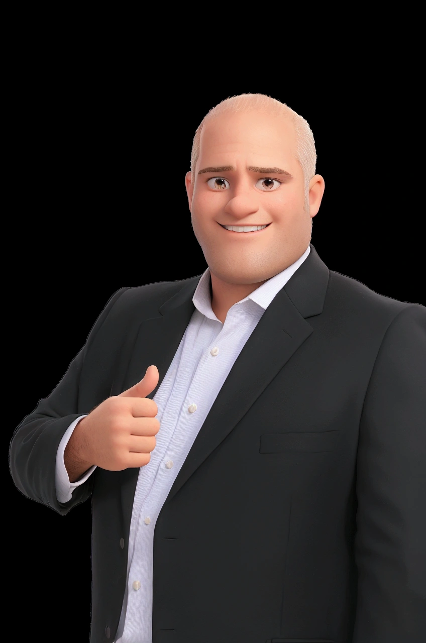 man with little hair and no beard dressed in a suit giving a thumbs up sign with his right hand