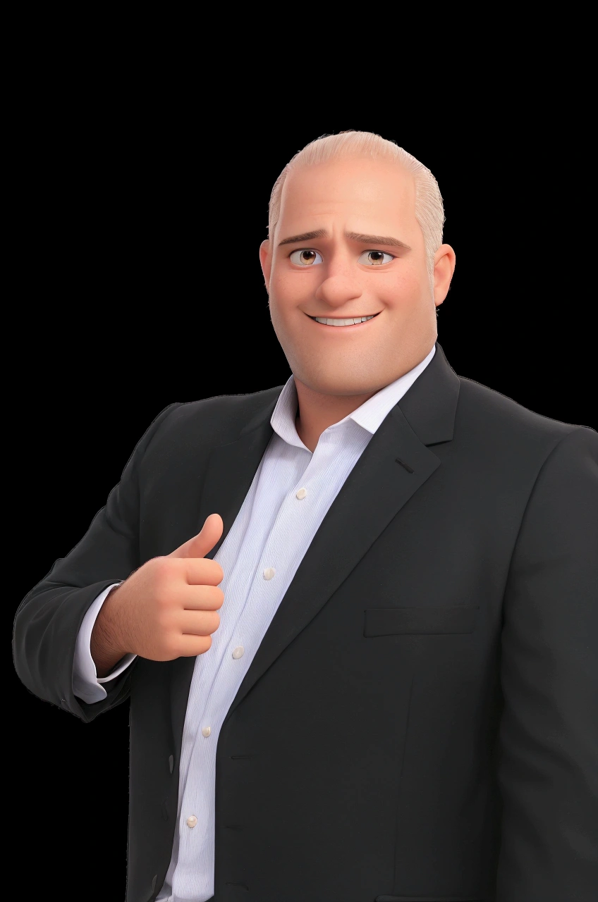 man with little hair and no beard dressed in a suit giving a thumbs up sign with his right hand