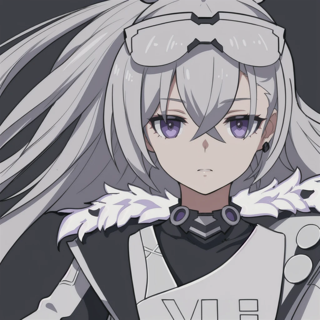 anime girl, grey hair, black eyes, blueish purple jacket, white fur, silver wolf, white shirt, 1girl, masterpiece, (beautiful and aesthetic:1. 5), thick black lineart, clean lineart, perfect lineart, variable lineart, clean anime outlines, intense line art, bold lineart, sharp lineart, best quality, high quality, best quality, ultra-detailed, colourful, saturated colours, dynamic lighting, HD,