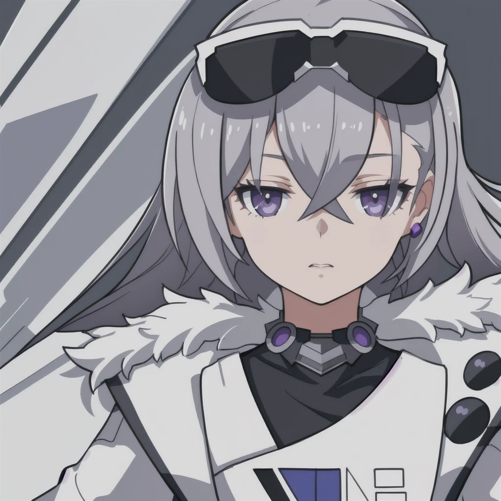 anime girl, grey hair, black eyes, blueish purple jacket, white fur, silver wolf, white shirt, 1girl, masterpiece, (beautiful and aesthetic:1. 5), thick black lineart, clean lineart, perfect lineart, variable lineart, clean anime outlines, intense line art, bold lineart, sharp lineart, best quality, high quality, best quality, ultra-detailed, colourful, saturated colours, dynamic lighting, HD,