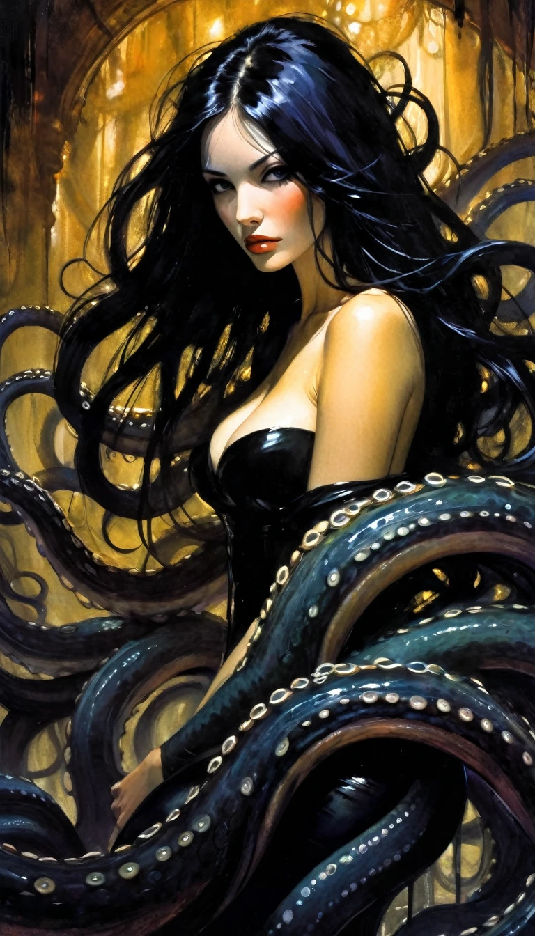 very sexy long black hair girl, embraced by many giant tentacles, tentacles wrap around her,oil painting, chiaroscuro, sensual, dramatic lighting, moody atmosphere, photorealistic, intricate details, masterpiece, ultra-detailed, high quality, 8k, best quality, realistic, cinematic, dark and brooding, expressionistic, powerful composition, emotional impact, Bill Sienkiewicz inspired art