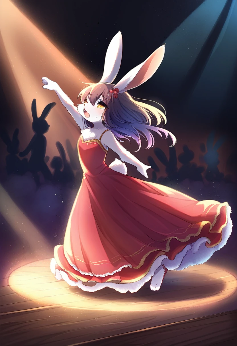 ((Masterpiece)), ((Best Quality)), (Very Detailed), ((Very Detailed)), 4K, (8K), very aesthetic, absurdres highres, 1 girl, (anthropomorphic Rabbit, furry, kemono:1.5), Flamenco dancers in red dresses dance passionately on stage. Sweat glistens on her body, and her movements are both supple and powerful. A spotlight shines on the dark background, bringing out the silhouettes of the audience. Warm colors and dramatic shadows emphasize the dancers' passion and tension. The movement of the dress adds dynamism and sharp concentration can be seen in the dancers' eye,