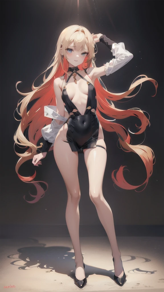 women1people,(full body figure:1.2), (nine heads and bodies:2.0), (thin thighs), (long and thin legs: 2.0),(Knee Stretch:2.0),stand with legs apart,(height 2/3 is the leg:2.0), (beige pumps:1.2), Transparent white glossy skin, 25 years old, cute sexy little face, red lips, parted lips, ( Hair parted to one side:1.5), blue eyes, sexy face, sexy young woman, long blonde shiny hair,eyebrows are the same color as hair, choker,(Tight casual underwear made of beige silk :1.3), natural wavy hair, almond eye, Beautiful smile, My cheeks turned red, Medium chest, slender body shape, tight waist, small ass, (people)visible part of the thigh between the skirt of, beautiful hands, thin shoulders, look at the audience, Wind-blowing skirt, standing position, desert morning
