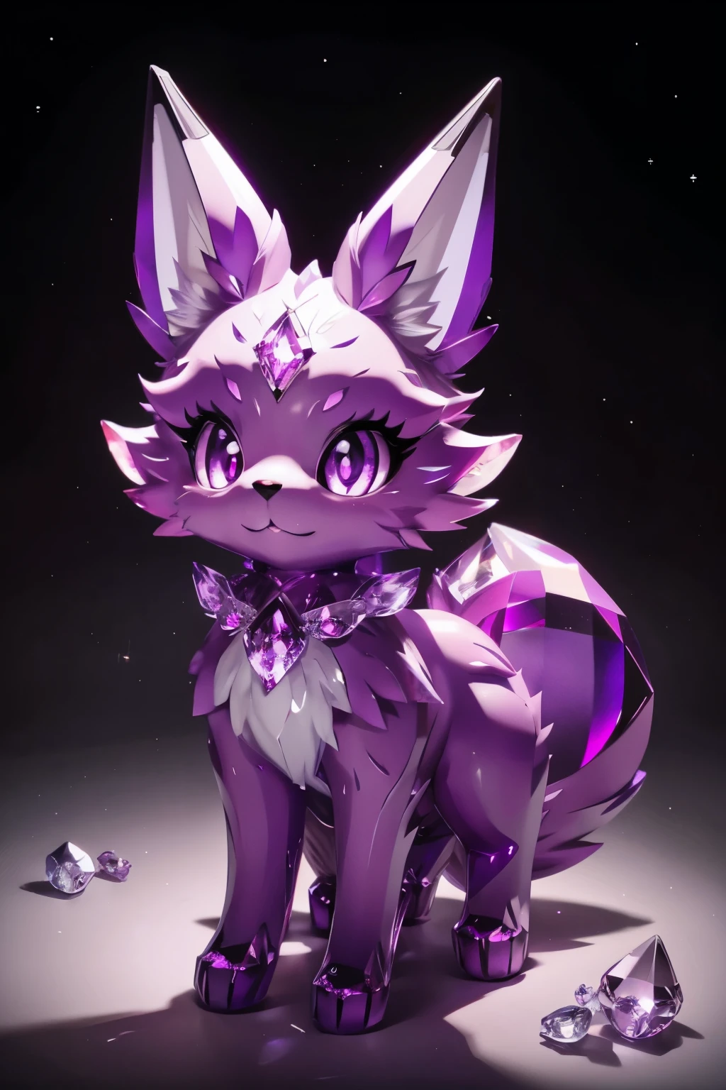 picture of cosmic purple fox with shiny crystal fur, nine crystal tails, nine crystal tails, nine crystallize tails, glowing purple eyes, starry night forest in background,((best quality)), ((masterpiece)), (detailed), high quality, Surreal art, shimmer, Approaching perfection, Ultra High Quality, Reflective materials, shadowy, Volumetric lighting, 8K resolution, ultra-detailed, crystal fox, detailed eyes, detailed paws, light purple fur, light purple fox ears, well-proportioned detailed purple eyes, (absurderes:1.2), exquisitely crafted fox, night aura, Ethereal,