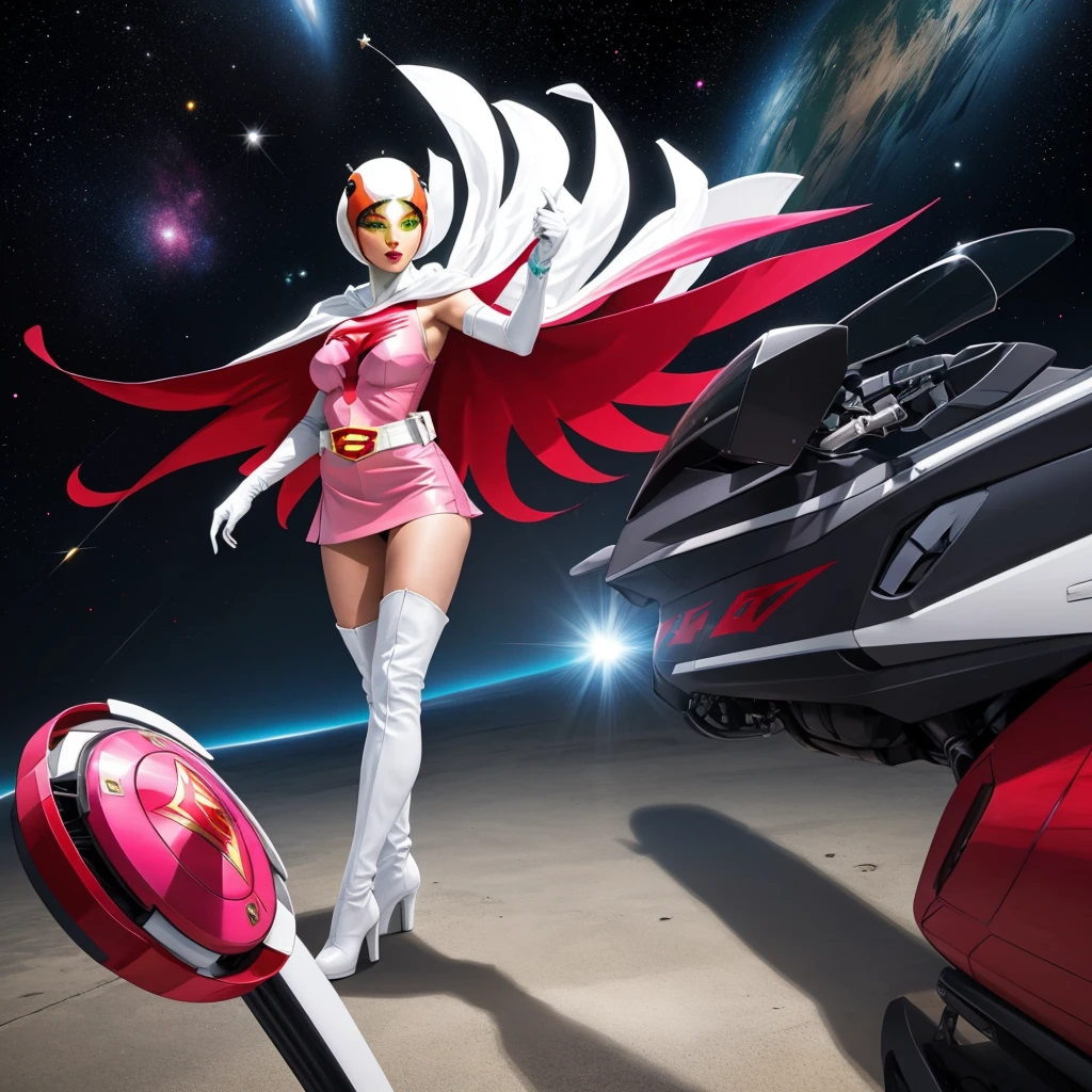 ANI_CLASSIC_jun_gatchaman_ownwaifu,1girl, 15yo,good anatomy, masterpiece, best quality,realistic, hyperrealistic, 16k hdr, long hair,breasts,green eyes,lips,large breasts,lipstick,makeup,gloves,cape,helmet,belt,elbow gloves,white gloves,mask,ultra miniskirt,leotard,spacesuit,white tight overknee highheels boots,pink dress,superhero,bodysuit,cleavage,erected nipples,(sexy pose,front view),(spread legs:1.1),cameltoe