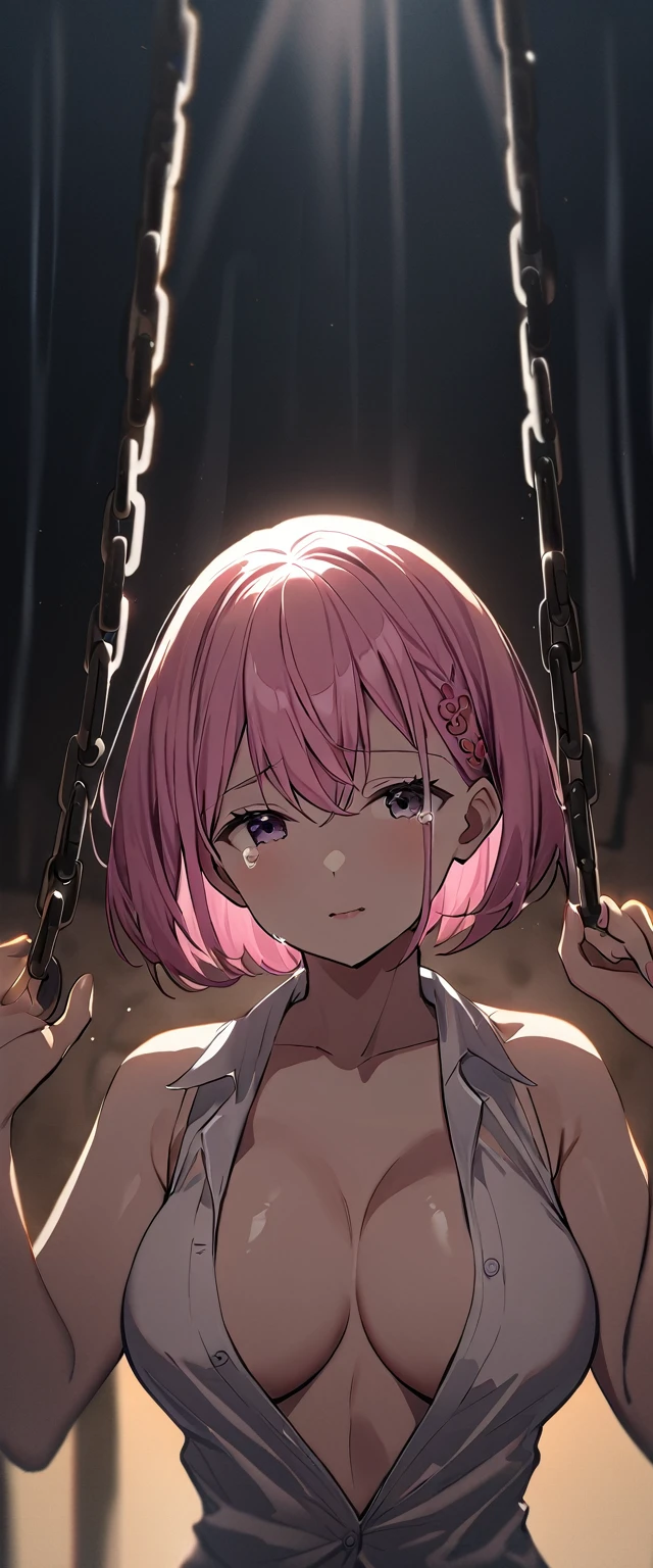 One Girl, yuigahama yui, , short hair, Pink Hair, Hair Bun, (Large Breasts), 
(Highest quality, High resolution, 4K, Detailed lighting, Shaders), 

Chained, 
Are crying, Raise the hand,  
Concrete Background, Lie in, 

, Open shirt, Upper Body,