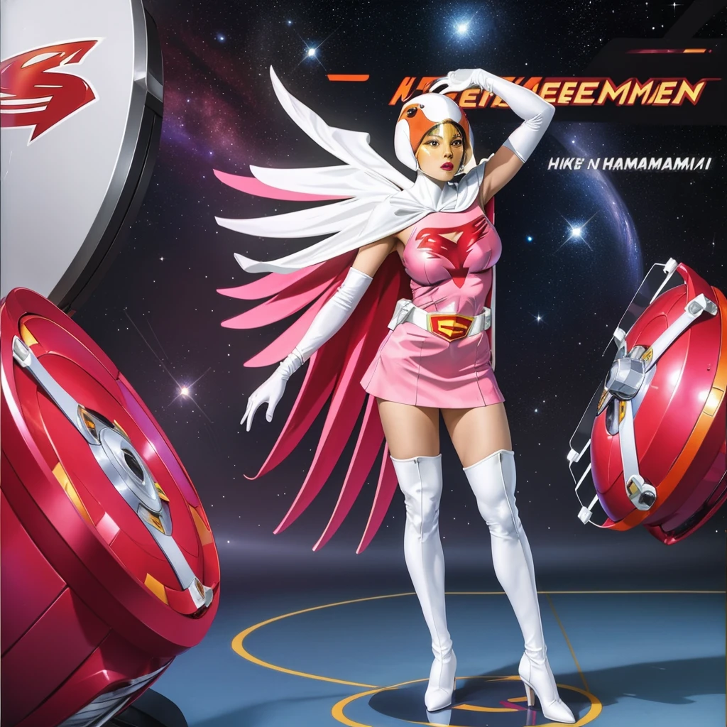 ANI_CLASSIC_jun_gatchaman_ownwaifu,1girl, ,good anatomy, masterpiece, best quality,realistic, hyper realistic, 16k hdr, long hair,breasts,lips,large breasts,lipstick,makeup,gloves,cape,helmet,belt,elbow gloves,white gloves,mask,ultra miniskirt,leotard,spacesuit,white tight overknee highheels boots,pink dress,superhero,bodysuit,cleavage,erected nipples,(standing pose,front view),(spread legs:1.1)