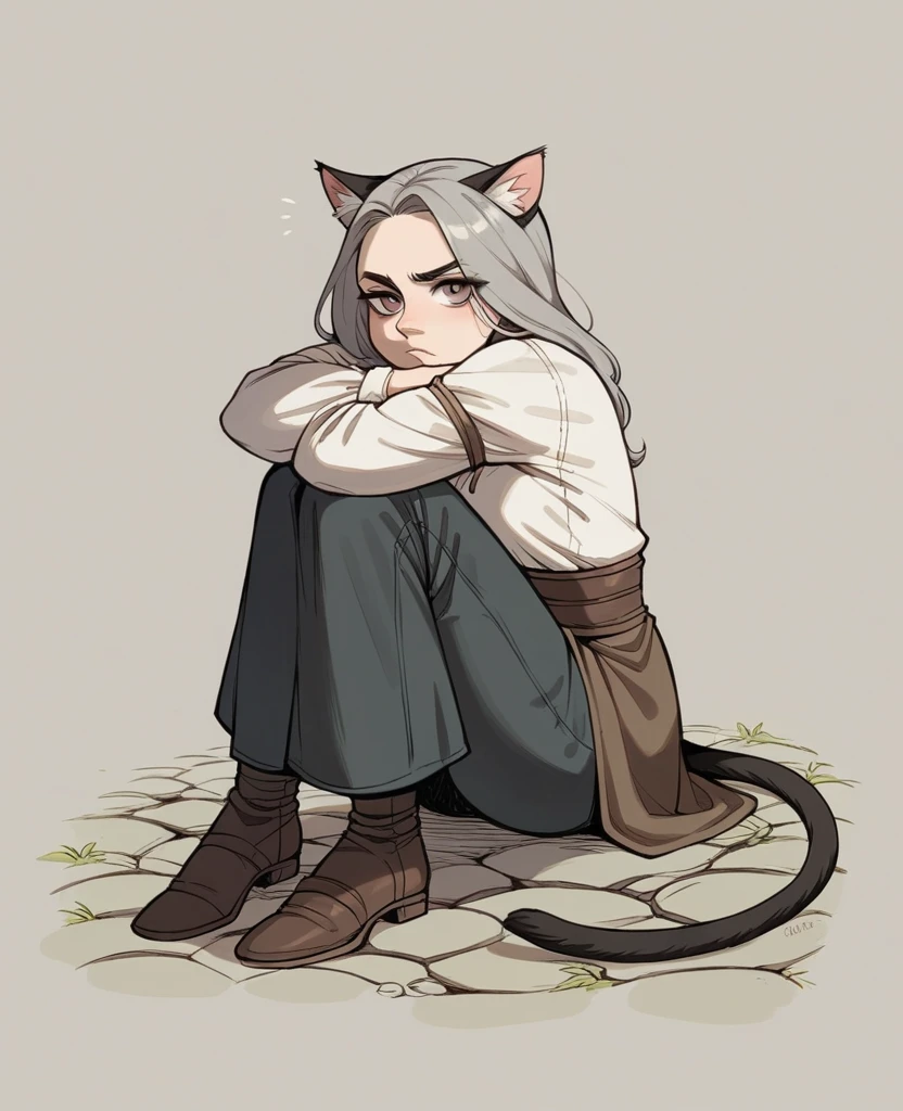 2d digital anime style, dark gray haired young woman, with tail and cat ear, grey eyes, distant look, serious and serene facial expression, wearing simple medieval rompers, simple medieval long sleeve blouse, simple black medieval pants, medieval shoes, sitting on the floor, back leaning against a rock, hugging his knees, arms covering his legs