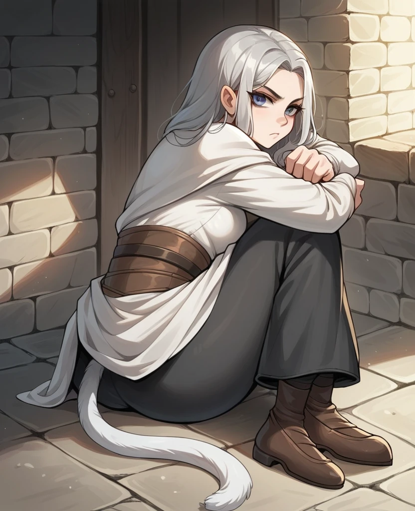 2d digital anime style, dark gray haired young woman, with tail and cat ear, grey eyes, distant look, serious and serene facial expression, wearing simple medieval rompers, simple medieval long sleeve blouse, simple black medieval pants, medieval shoes, sitting on the floor, back leaning against a rock, hugging his knees, arms covering his legs