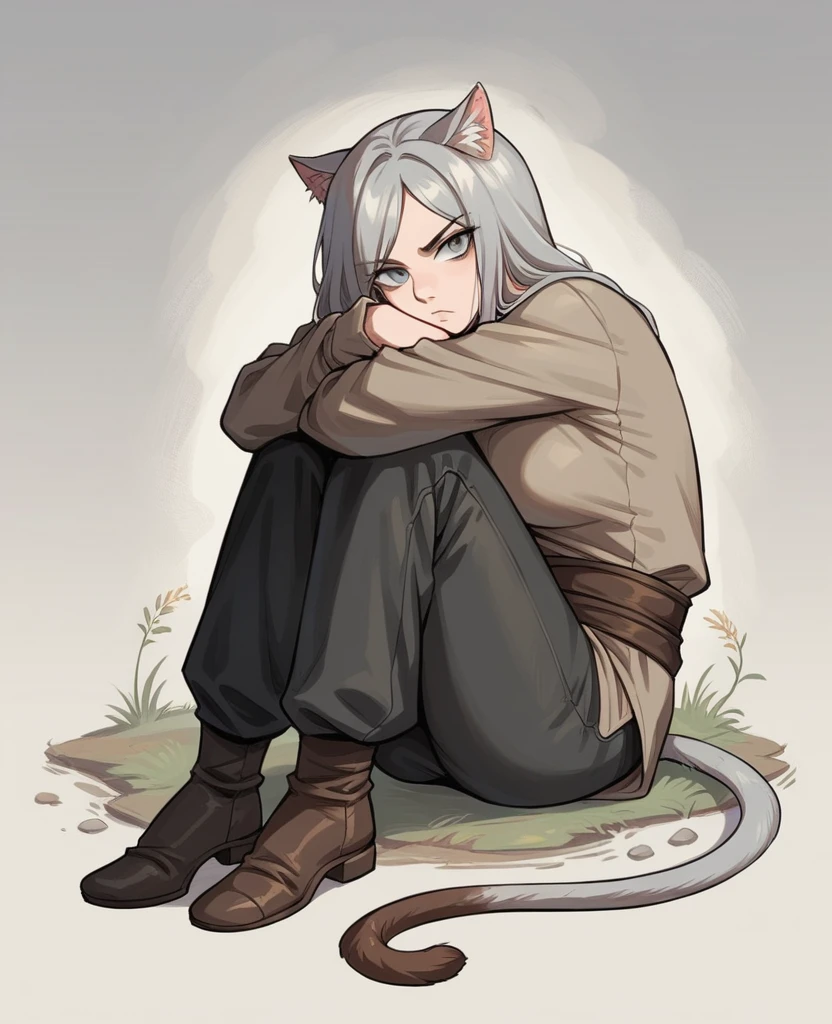 2d digital anime style, dark gray haired young woman, with tail and cat ear, grey eyes, distant look, serious and serene facial expression, wearing simple medieval rompers, simple medieval long sleeve blouse, simple black medieval pants, medieval shoes, sitting on the floor, back leaning against a rock, hugging his knees, arms covering his legs