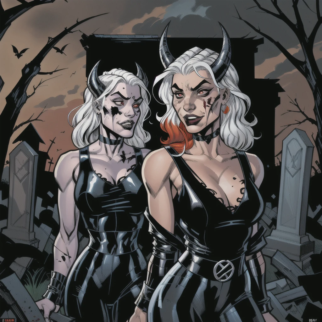 1girl, female focus, red eyes, multicolored orange and white hair, long wavy hair, devil horns, big pouty lips, lightly-tanned skin, beautiful facial features, black nose ring, bloody scarred face, mischievous, red lace tank top, black leather jacket, intricate gothic jewelry, vampire princess, dark fantasy, gothic and supernatural themes, nighttime, outdoors, graveyard setting, extremely detailed, digital comic book painting, dark colors, natural lighting, cel-shading, bold outlines, inspired by 80s comic books, in the style of artgerm and stuart immonen, depth of field, vampire royalty, (masterpiece, best quality)