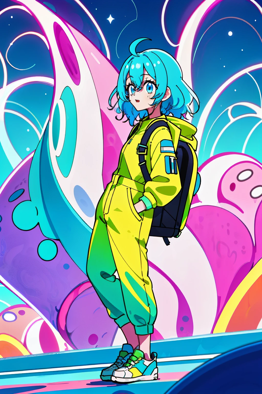 In the heart of Dream Core Amusement Park, a young girl with bright blue eyes and a head full of spiraling curls is lost in the vastness of the sprawling park. She's wearing a neon yellow jumpsuit with matching sneakers, her small backpack slung over one shoulder, a map of the park clutched tightly in her hand. With a determined look on her face, she's intently scanning the map, her small lips mouthing silent words to herself. Suddenly, she spots a roller coaster in the distance, its colorful lights and twisting tracks beckoning her forward. A wave of excitement washes over her, her eyes lighting up as she takes a deep breath