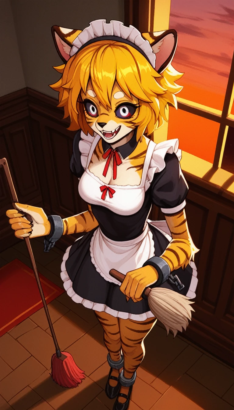 excited expression, 1 girl, the second, for thery, for the, fluffy for the, bengal girl, Yellow hair (red reflections), black sclera, white eyes, short hair, messy hair, (19 years), medium chest, thick thighs, Alone, (bedroom, Mansion), Sunset, detailed, cocky smile, maid outfit, shackles, cleaning, score_9, score_8_above, score_7_above, score_6_above, score_5_above, score_4_above