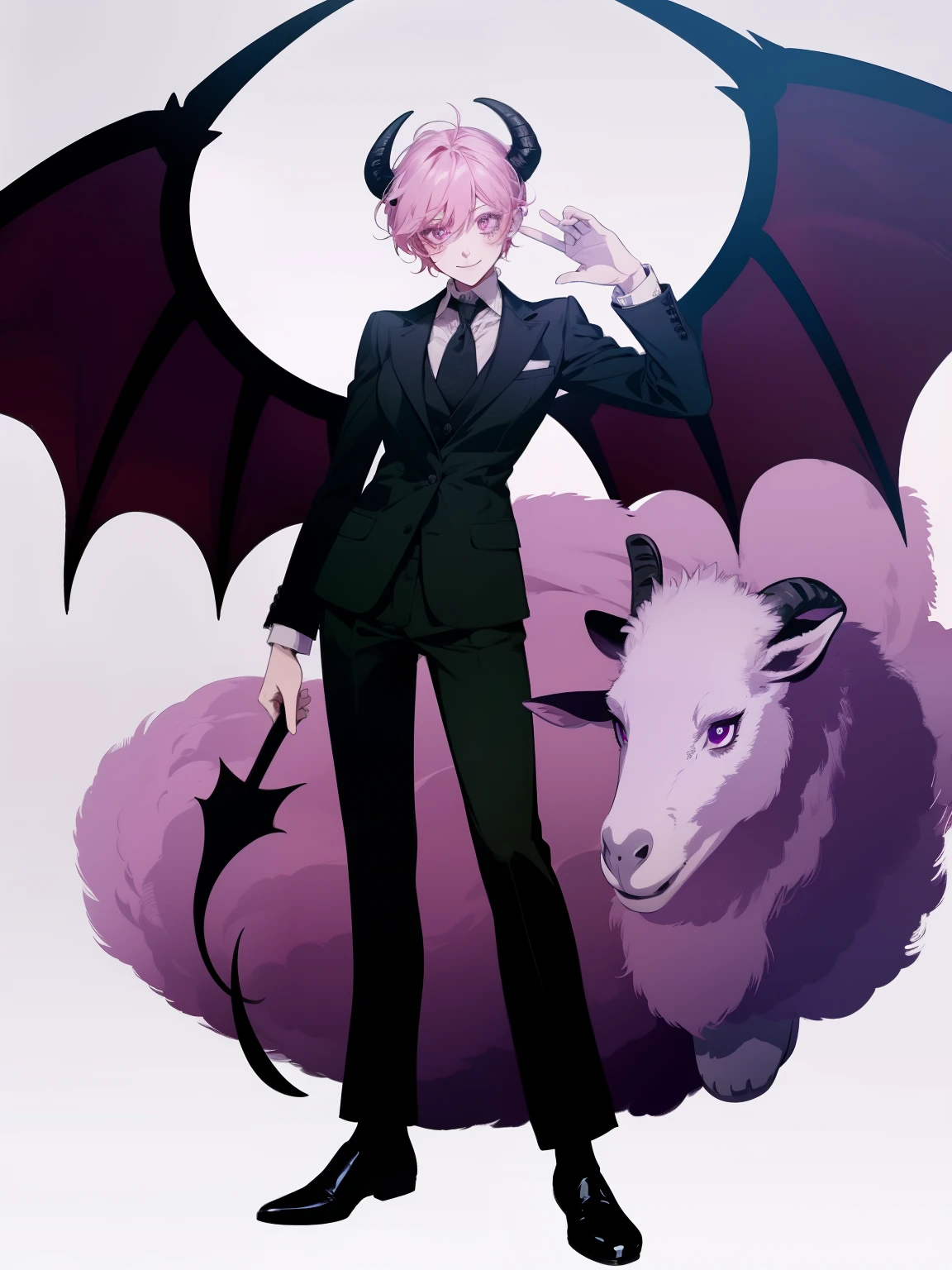 butler outfit, short pink hair, pony tail, purple eyes, gray skin, demon, claws, goat horns, bangs, Gothic art, full body shot, elegant pose, smile, Romanticism, masterpiece, anatomically correct, high quality, super detail, best quality, 4K, 8k