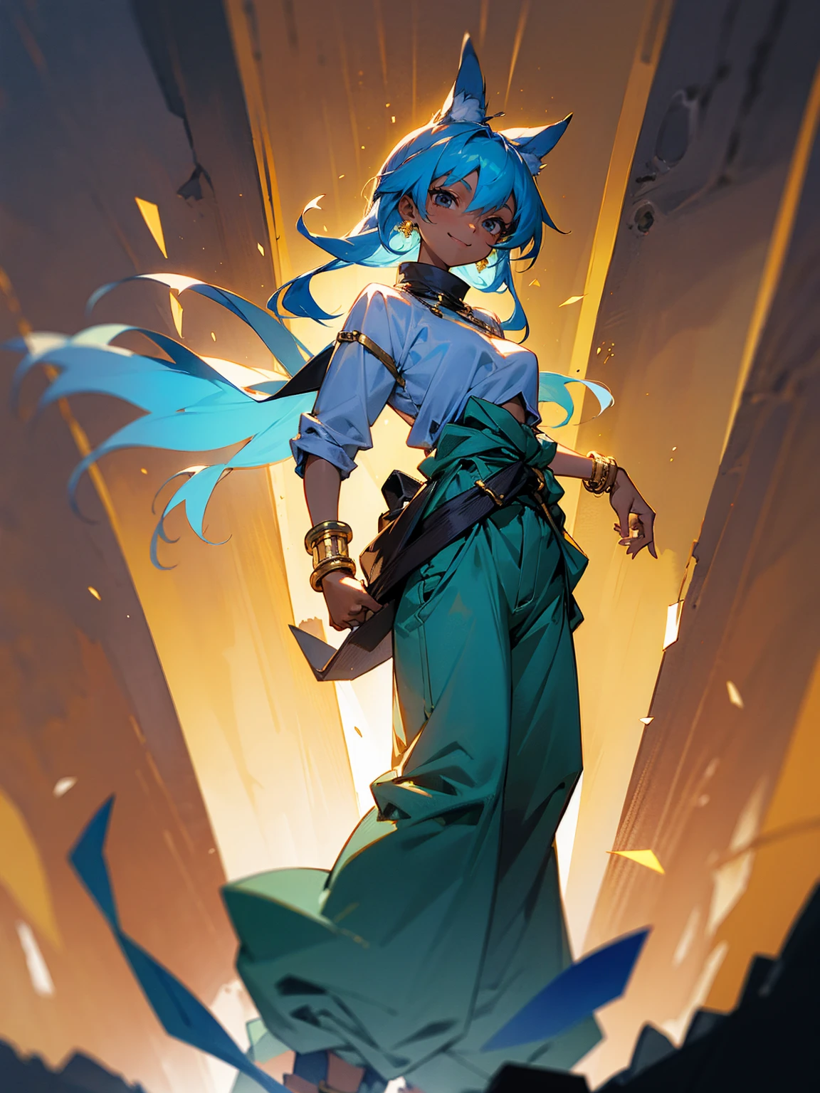 1female, sky blue hair, black eyes, dark skin, golden bracelets, golden rings, yukata, baggy pants, tied around waist, smile
