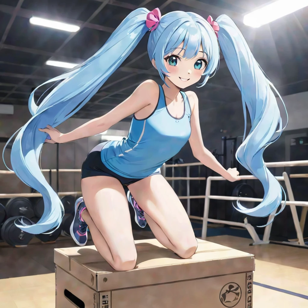 A beautiful girl with long light blue hair and twin tails, wearing gym clothes, is jumping on a vaulting box. Bright smile