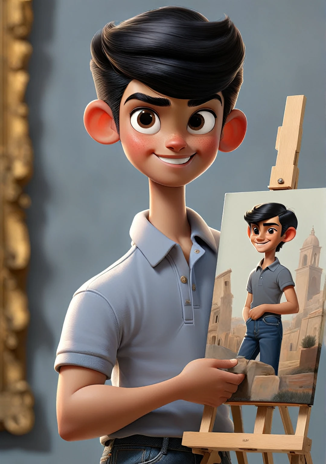 happy boy, with smiling face exposing black hair combed to the sides,  tall and well built half on the right and half on the left, He is wearing a gray polo shirt and blue jeans.. He is holding an exhibition on the painting of Greco&#39;s son&#39;s snitch. He is standing in a classroom. Excellent quality image, Disney Pixar animation type.
