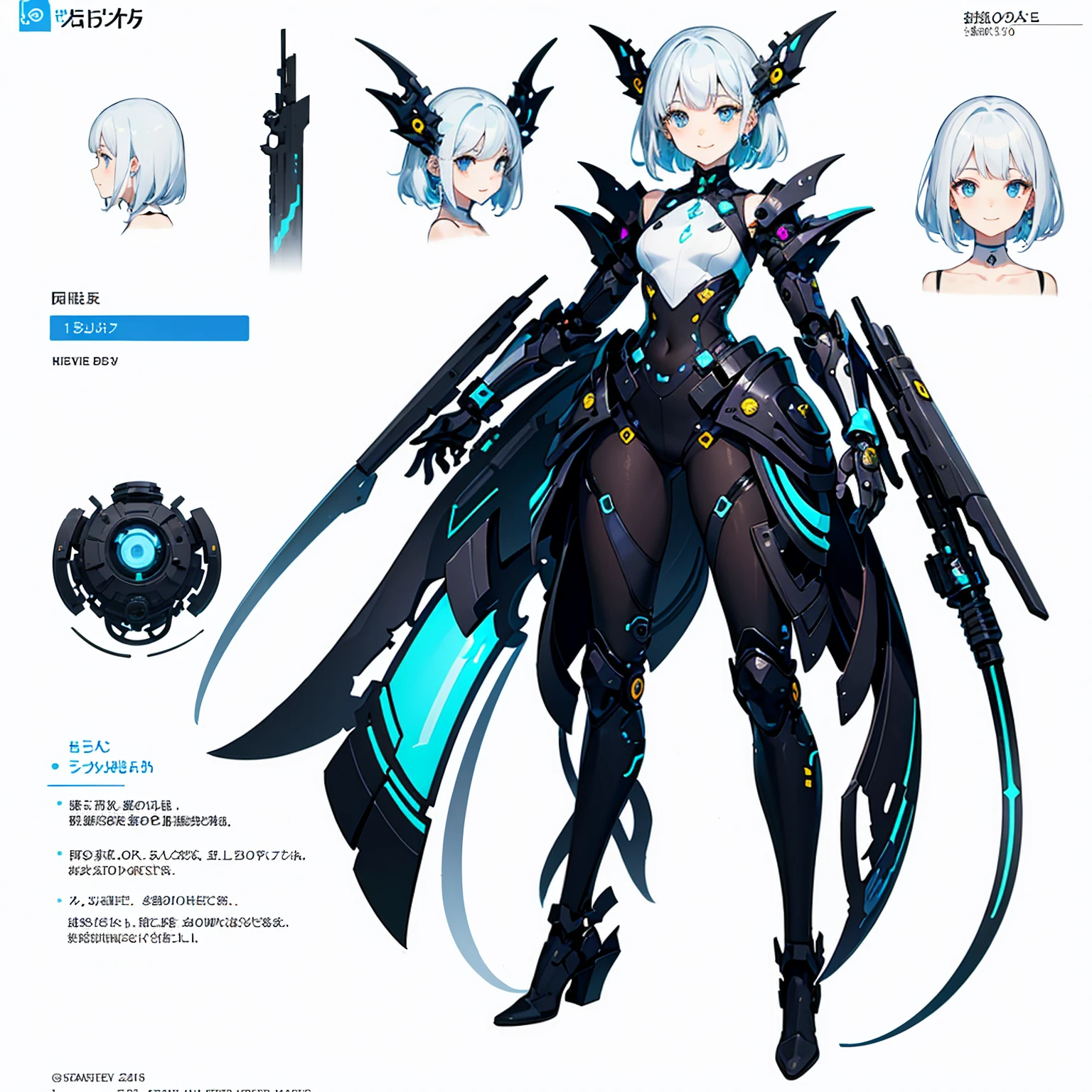 ((full body photo, standing, feet on the ground))  (masterpiece:1.3), (best quality:1.3), high-resolution, 
watercolor pencil, 

full body, 
lookinng at viewer, upright, arms at sides, 

(cute1girl:1.3), solo, 
white skin, small Breast, eight-headed person, 
light blue hair, (blue gradiient hair:1.1), very short hair, blunt bangs, beautiful hair, blue eyes, beautiful detailed eyes, 

 cheerful smile, 

detached sleeves, Futuristic clothing, mechanical suit, Simple Costumes, pencil skirt, earrings, 

(white background:1.2), simple background, 

concept art, three-sided view, reference sheet, shadowlighting,