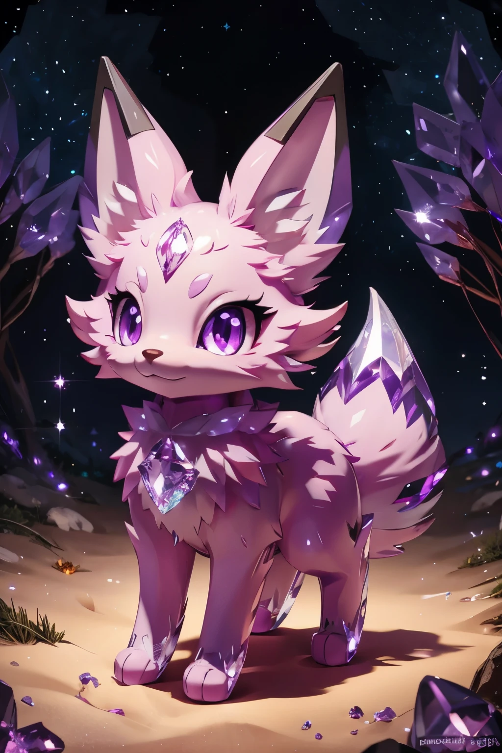 picture of cosmic purple fox with shiny crystal fur, nine crystal tails, nine crystal tails, nine crystallize tails, glowing purple eyes, starry night forest in background,((best quality)), ((masterpiece)), (detailed), high quality, Surreal art, shimmer, Approaching perfection, Ultra High Quality, Reflective materials, shadowy, Volumetric lighting, 8K resolution, ultra-detailed, crystal fox, detailed eyes, detailed paws, light purple fur, light purple fox ears, well-proportioned detailed purple eyes, (absurderes:1.2), exquisitely crafted fox, night aura, Ethereal,