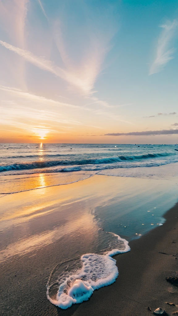 ((best qualityer)), ((work of art)), (detailded), 1 girl, ombro to ombro sweater, A hyper-realistic image of a serene beach at sunset. The sky is painted with vibrant shades of orange, pink and purple as the sun sets over the horizon. The soft golden light reflects on the gentle waves, creating a sparkling effect in the water. The beach is covered in fine white sand that feels soft to the touch.. In the foreground, small shells and pebbles are scattered across the sand. The water is crystal clear, with gentle waves lapping the shore, creating a delicate foam. The scene is peaceful and picturesque, with some distant silhouettes of coconut trees and a couple walking hand in hand along the beach. The light breeze creates small ripples in the water and gently sways the leaves of the coconut trees. The overall atmosphere is peaceful, with a feeling of relaxation and natural beauty.
