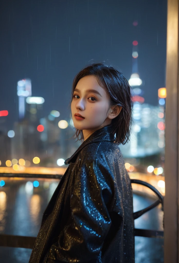 Mix 4,(8K, RAW photos, best quality, master:1.2), (Practical, photo-Practical:1.37),1 Girl,Lovely,city View,night,rain,wet,Professional lighting,Photon Mapping,Radiosity,Physically Based Rendering ,