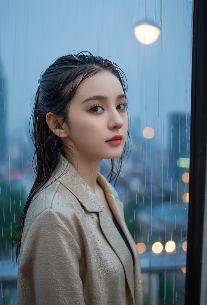 Mix 4,(8K, RAW photos, best quality, master:1.2), (Practical, photo-Practical:1.37),1 Girl,Lovely,city View,night,rain,wet,Professional lighting,Photon Mapping,Radiosity,Physically Based Rendering ,