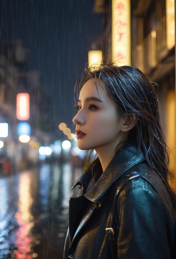 Mix 4,(8K, RAW photos, best quality, master:1.2), (Practical, photo-Practical:1.37),1 Girl,Lovely,city View,night,rain,wet,Professional lighting,Photon Mapping,Radiosity,Physically Based Rendering ,