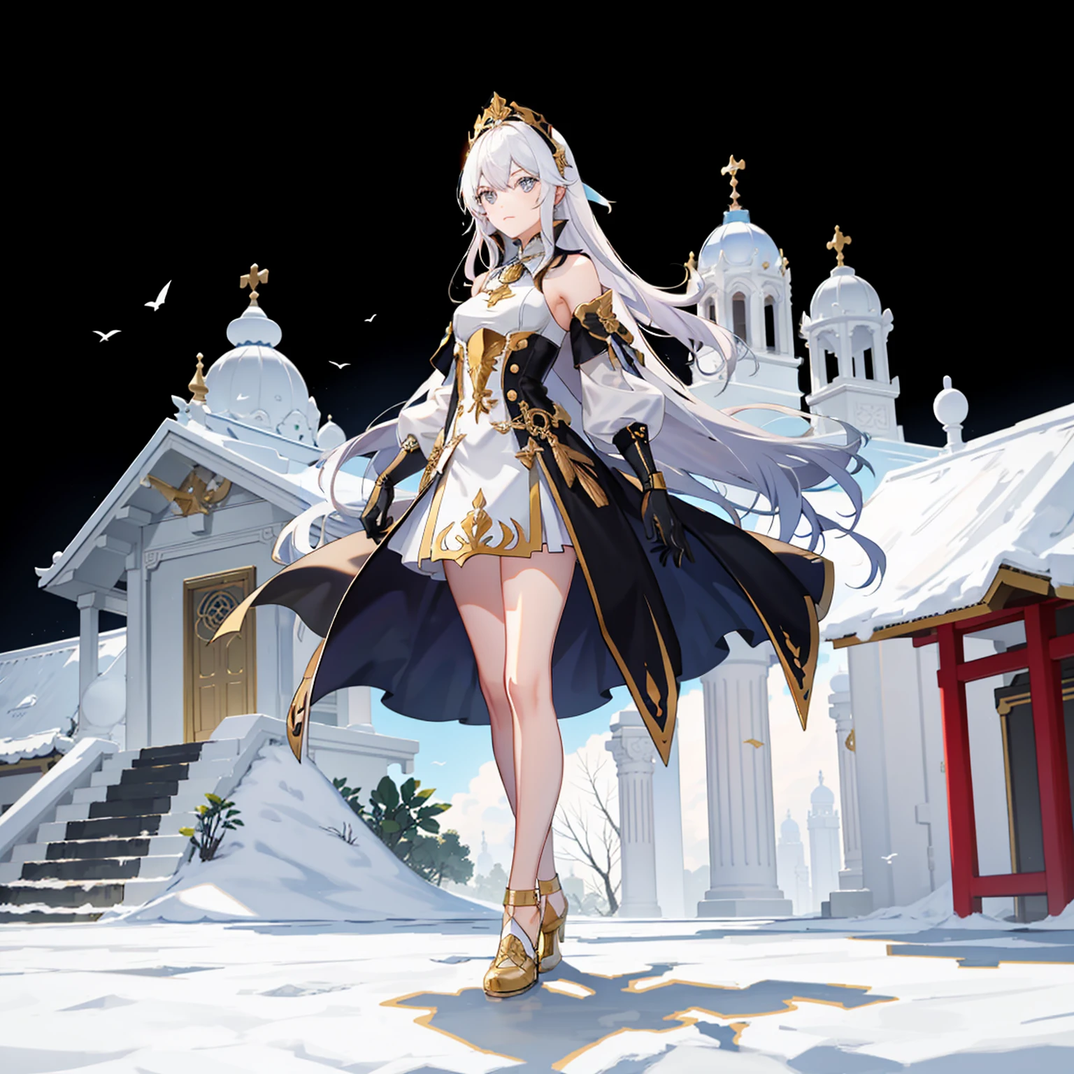 ((full body photo, standing, feet on the ground))  ((masterpiece,best quality)),(3girl:1.2), solo, beautiful detailed eyes, detailed face, (full body:1.2), white long hair, red eyes,small , (black background:1.1), bloody particles,blood on the face,
Silver wavy hair, blue eyes, gorgeous white long dress, reverent, beautiful woman, benevolent smile, headdress, gold shoes, anime, temple background, unexposed