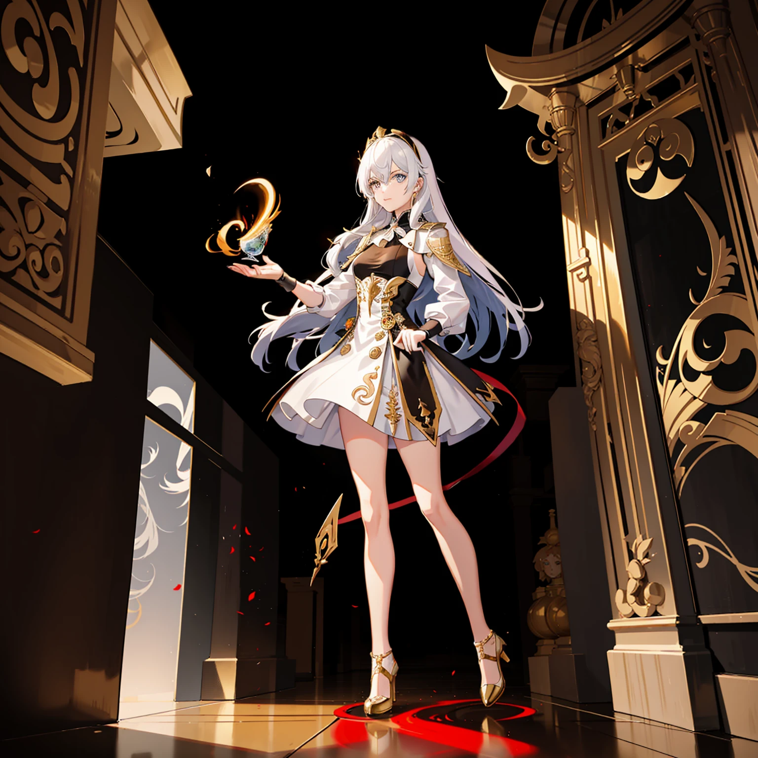 ((full body photo, standing, feet on the ground)) ((masterpiece,best quality)),(3girl:1.2), solo, beautiful detailed eyes, detailed face, (full body:1.2), white long hair, red eyes,small breast, (black background:1.1), bloody particles,blood on the face,
Silver wavy hair, blue eyes, gorgeous white long dress, reverent, beautiful woman, benevolent smile, headdress, gold shoes, anime, temple background, unexposed