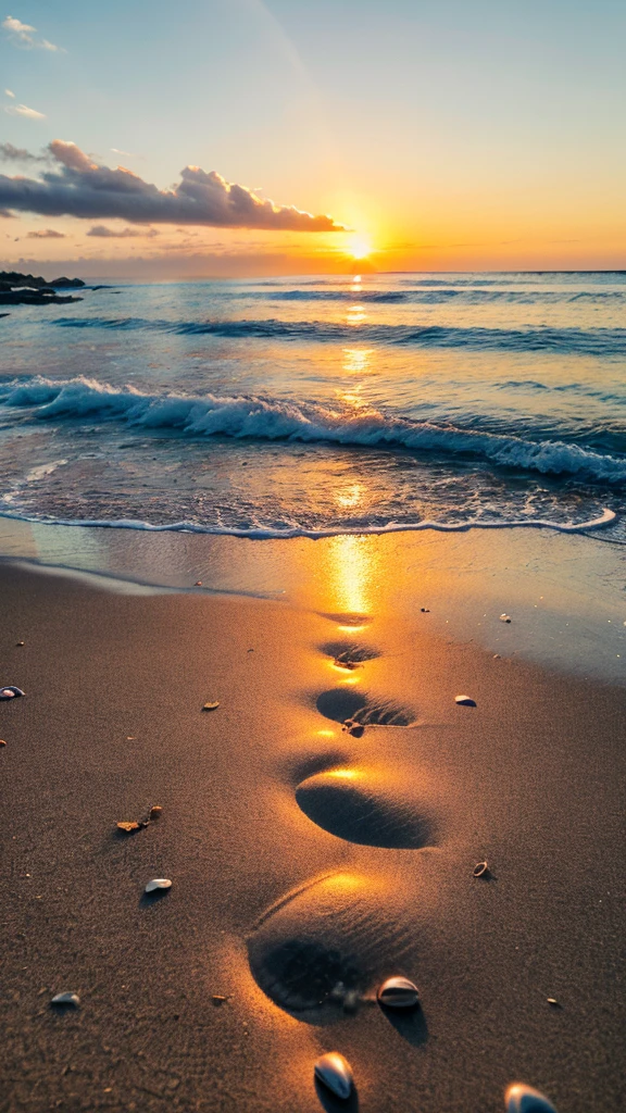 ((best qualityer)), ((work of art)), (detailded), 1 girl, ombro to ombro sweater, A hyper-realistic image of a serene beach at sunset. The sky is painted with vibrant shades of orange, pink and purple as the sun sets over the horizon. The soft golden light reflects on the gentle waves, creating a sparkling effect in the water. The beach is covered in fine white sand that feels soft to the touch.. In the foreground, small shells and pebbles are scattered across the sand. The water is crystal clear, with gentle waves lapping the shore, creating a delicate foam. The scene is peaceful and picturesque, with some distant silhouettes of coconut trees and a couple walking hand in hand along the beach. The light breeze creates small ripples in the water and gently sways the leaves of the coconut trees. The overall atmosphere is peaceful, with a feeling of relaxation and natural beauty.