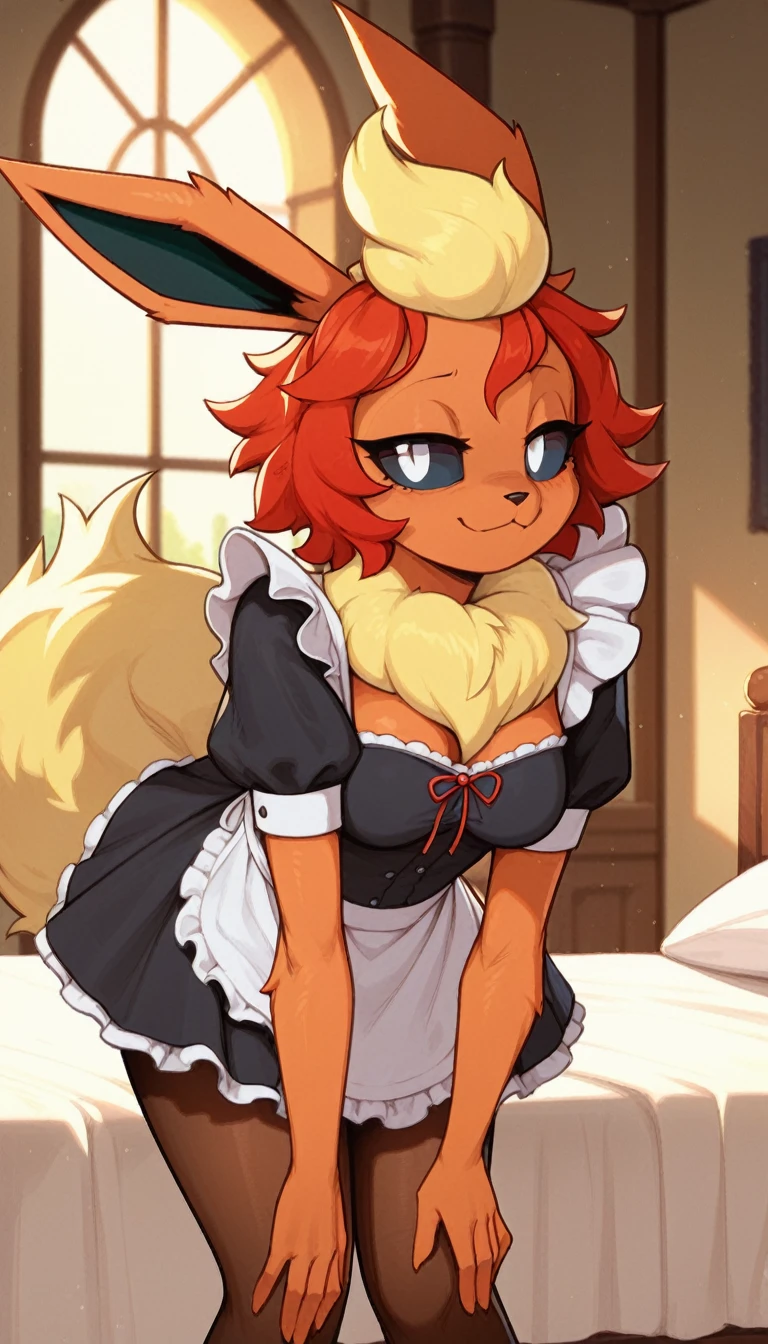 Excited expression, 1girl, anthro, furry, fur, fluffy fur, flareon girl, yellow hair (red highlights), black sclera, white eyes, short hair, Messy hair, (19 years), medium breast, thicc thighs, solo, (bedroom, mansion), sunset, detailed, smug smile, maid outfit, pantyhose, bent over, score_9, score_8_up, score_7_up, score_6_up, score_5_up, score_4_up