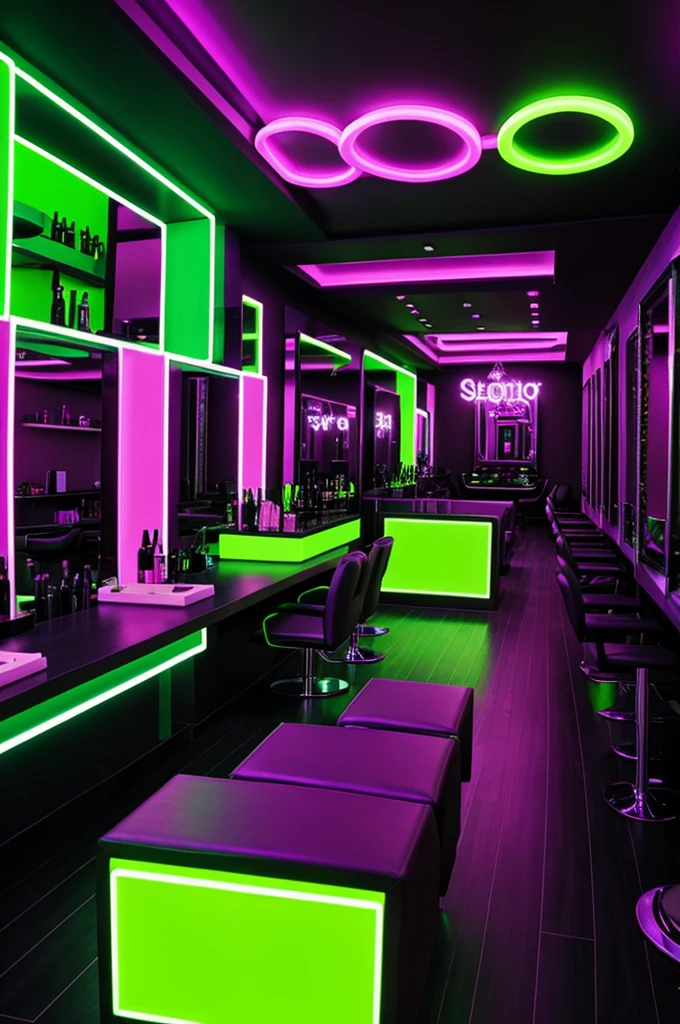 Black beauty salon with neon green and neon purple tones