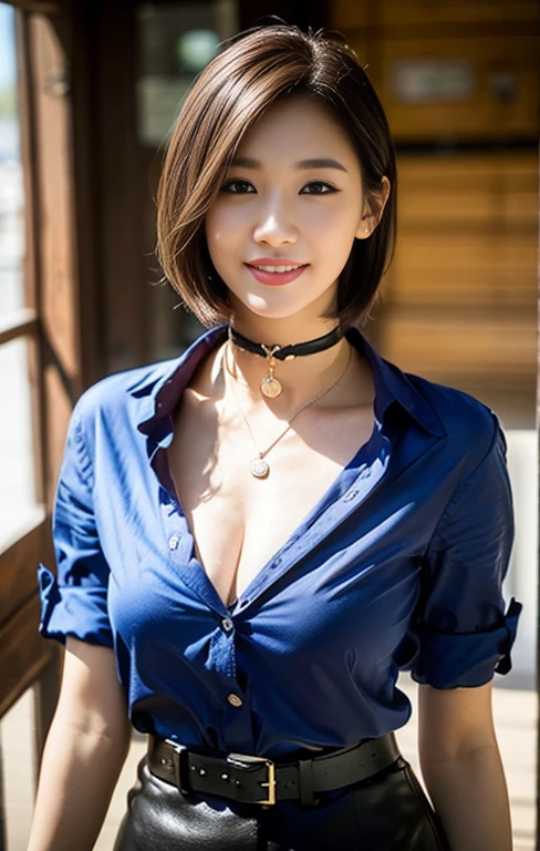 (a tall and pretty Korean lady, age28, kind smile, dimpled cheeks, slender abs, short hair, styish bob hair, side bangs, ponytail, ample bosom, wearing pendant or choker, korean trendy fashion, Upturned collar, button up shirt, red belt, pencil skirt, Tokyo Tower in background, detailed eyes, double eyelid, best quality, 8k, highres, masterpiece:1.3, realistic, photorealistic:1.37, HDR, UHD, studio lighting, ultra-fine painting, sharp focus, physically-based rendering, extreme detail description, professional, vivid colors, bokeh, cowboy-shot, serene ambiance, 🤤🤭😅)