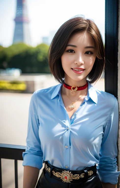 (a tall and pretty Korean lady, age28, kind smile, dimpled cheeks, slender abs, short hair, styish bob hair, side bangs, ponytail, ample bosom, wearing pendant or choker, korean trendy fashion, Upturned collar, button up shirt, red belt, pencil skirt, Tokyo Tower in background, detailed eyes, double eyelid, best quality, 8k, highres, masterpiece:1.3, realistic, photorealistic:1.37, HDR, UHD, studio lighting, ultra-fine painting, sharp focus, physically-based rendering, extreme detail description, professional, vivid colors, bokeh, cowboy-shot, serene ambiance, 🤤🤭😅)