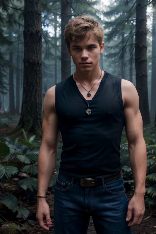 Willy Martin,Willy Martin, Wolf, 18 years old, short messy blond hair, slim and muscular build, blue eyes, black sleeveless shirt, blue denim vest, dark blue jeans, black belt, colored combat boots light brown, bat pendant, forest background with fog