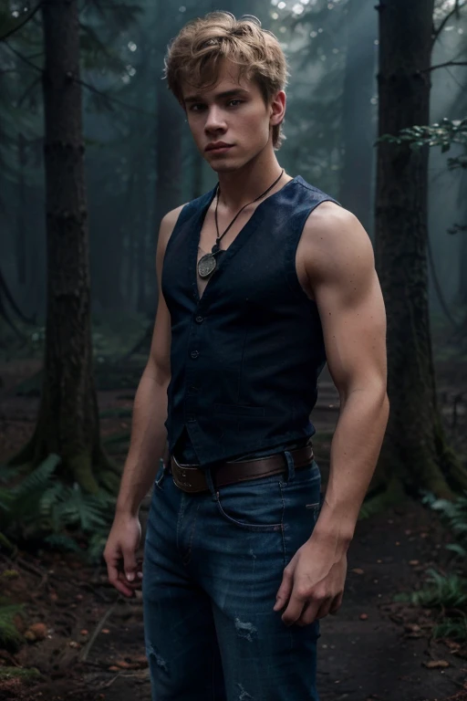 Willy Martin,Willy Martin, Teen Wolf, 18 years old, short messy blond hair, slim and muscular build, blue eyes, black sleeveless shirt, blue denim vest, dark blue jeans, black belt, colored combat boots light brown, bat pendant, forest background with fog