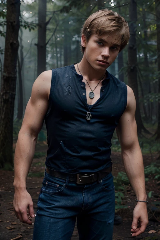 Willy Martin,Willy Martin, Teen Wolf, 18 years old, short messy blond hair, slim and muscular build, blue eyes, black sleeveless shirt, blue denim vest, dark blue jeans, black belt, colored combat boots light brown, bat pendant, forest background with fog