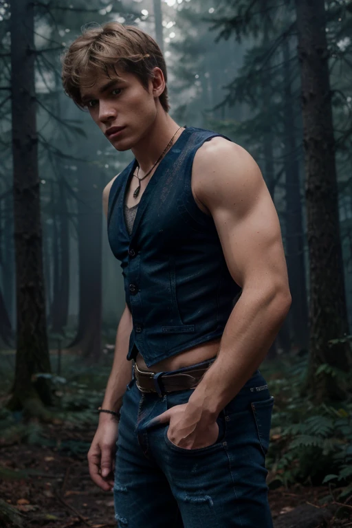 Willy Martin,Willy Martin, Teen Wolf, 18 years old, short messy blond hair, slim and muscular build, blue eyes, black sleeveless shirt, blue denim vest, dark blue jeans, black belt, colored combat boots light brown, bat pendant, forest background with fog