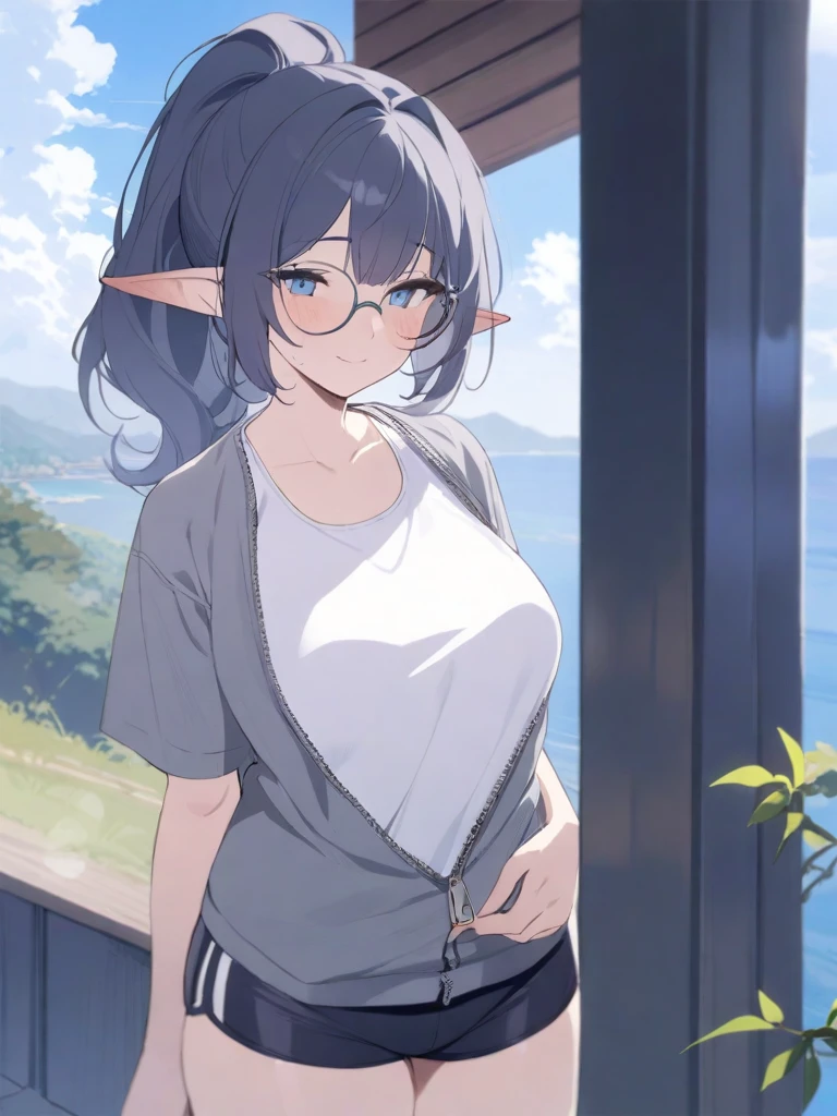 masterpiece, best quality, high quality, beautiful anime character, solo, anime girl with dark blue hair, messy hair, medium length hair, huge long ponytail, ponytail, blue eyes, elf ears, slightly big breasts, mature female, tall female, big girl, thick, (calming face, blush, light smile, loving eyes), outdoors, (dark blue bikini, unzipped grey jacket, tied-bikini bottom), standing, slim thick, short medium hair, short sleeves, round glasses, legs, wet,