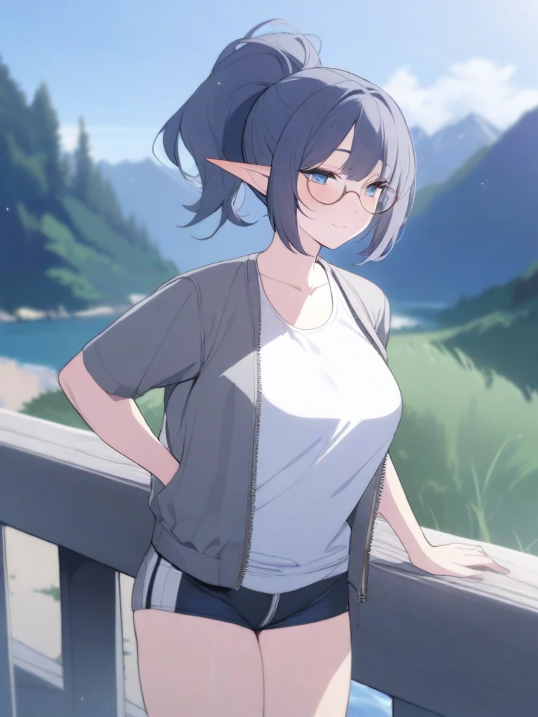 masterpiece, best quality, high quality, beautiful anime character, solo, anime girl with dark blue hair, messy hair, medium length hair, huge long ponytail, ponytail, blue eyes, elf ears, slightly big breasts, mature female, tall female, big girl, thick, (calming face, blush, light smile, loving eyes), outdoors, (white tank top, unzipped grey jacket, hotpants), standing, slim thick, short medium hair, short sleeves, round glasses, legs,