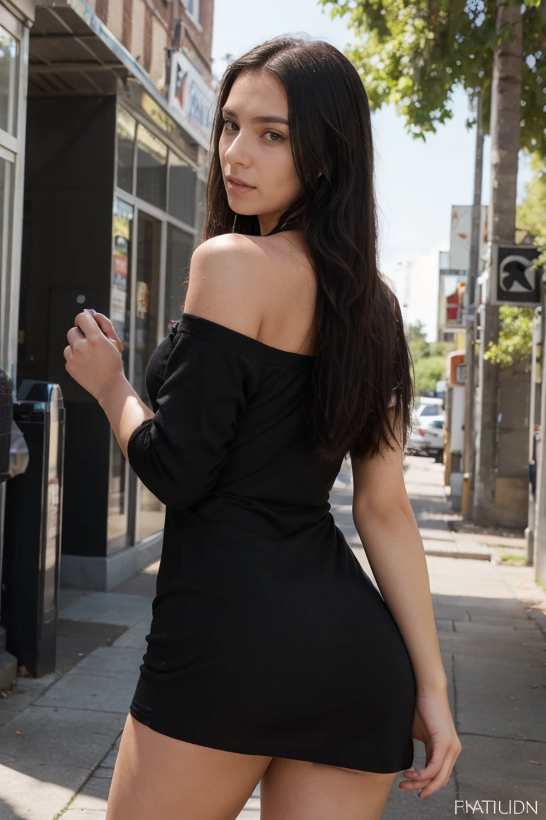 a young woman in a short dress, in Southland Hills fictionnal city, detailed facial features, beautiful green eyes, detailed skin, flawless body, perfect proportions, Very long black hair, bright sunlight, high quality, photorealistic, 8k, HDR, studio lighting, professional photography