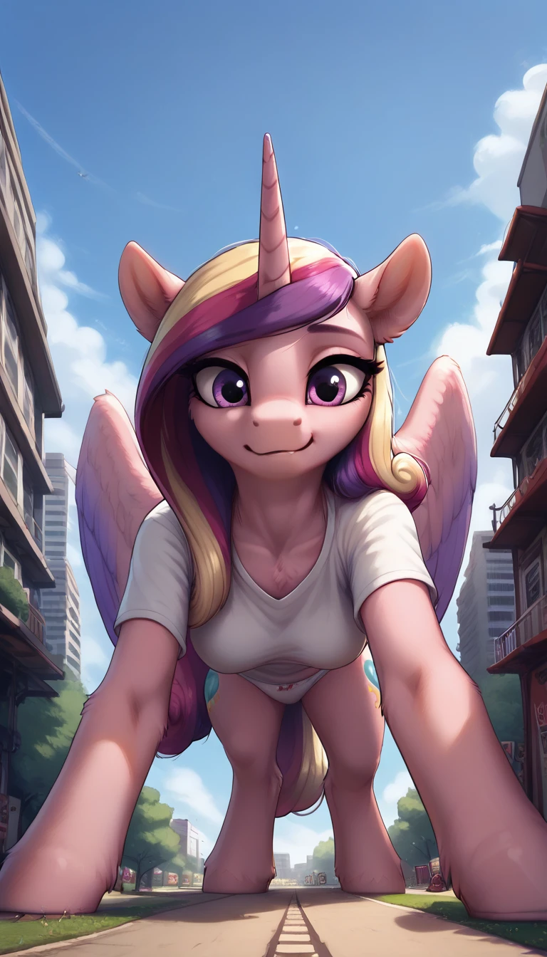 score_9, score_8_up, score_7_up, score_6_up, score_5_up, score_4_up, 
(Princess Cadence) fur, body fur, (anthro), pony, cute female, long hair, wings, 
tshirt, cute panties, panties aside,
GTS, giantess, (crawling over buildings, crawling:1.3), on all fours:1.5, looking down at viewer, in Tokyo, daytime, outdoors,detailed background, (fisheye:1.2), (perspective:1.3), full body, looming, low angle, from the ground,