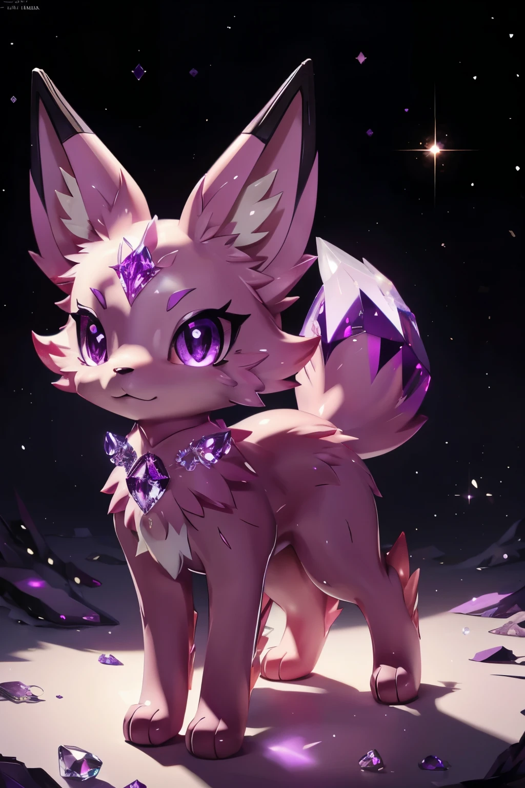 picture of cosmic purple fox with shiny crystal fur, nine crystal tails, nine crystal tails, nine crystallize tails, glowing purple eyes, starry night forest in background,((best quality)), ((masterpiece)), (detailed), high quality, Surreal art, shimmer, Approaching perfection, Ultra High Quality, Reflective materials, shadowy, Volumetric lighting, 8K resolution, ultra-detailed, crystal fox, detailed eyes, detailed paws, light purple fur, light purple fox ears, well-proportioned detailed purple eyes, (absurderes:1.2), exquisitely crafted fox, night aura, Ethereal,