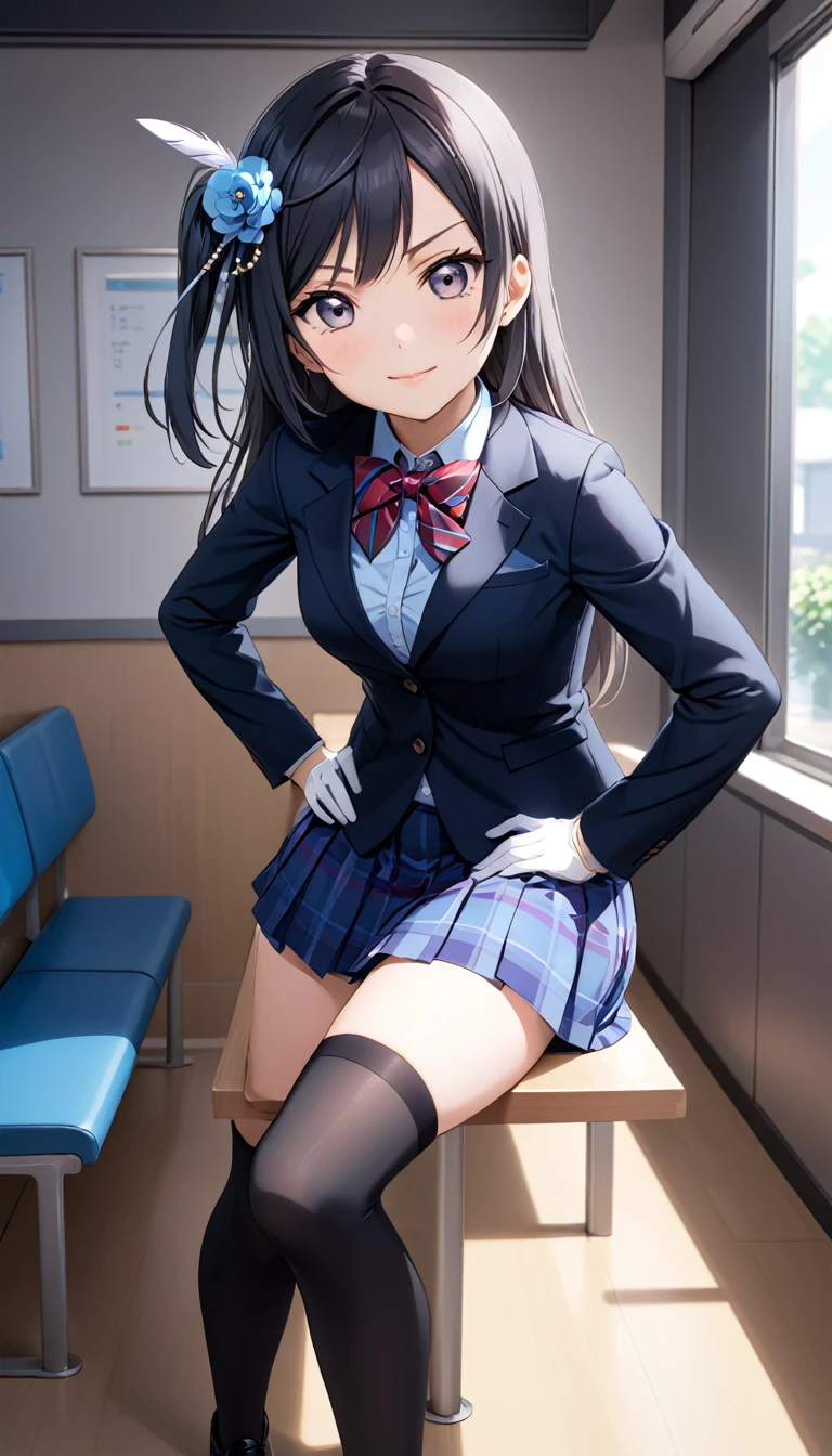 masterpiece, best quality, one side up, feather hair ornament, hair flower, white gloves, legwear, thighhighs, serious smile,closed mouth, (1girl), (solo), otonokizaka ,winter uniform, red striped bow tie, navy blue blazer, blue striped pleated skirt,from front, in live waiting room, put hands on hip, closed mouth,BREAK score_9, score_8_up, score_7_up, score_6_up, source_anime 