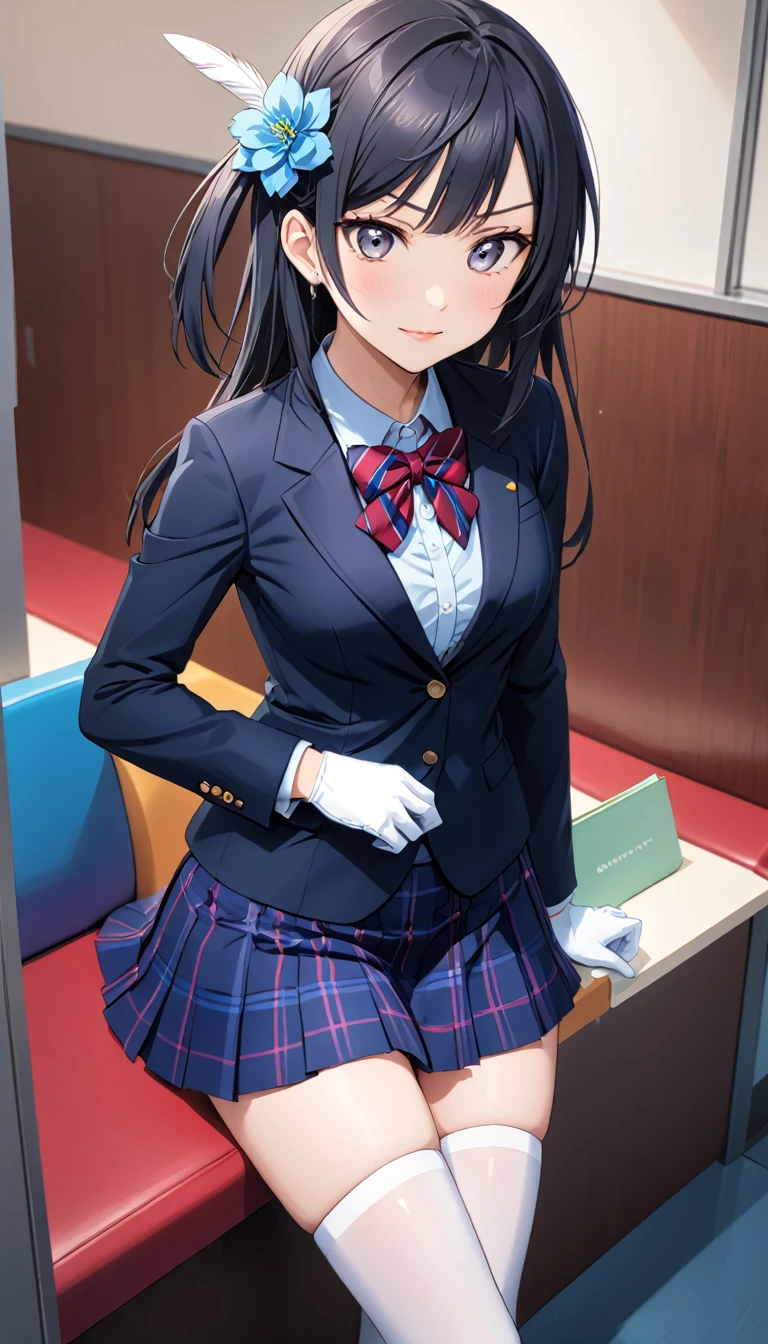 masterpiece, best quality, one side up, feather hair ornament, hair flower, white gloves, legwear, thighhighs, serious smile,closed mouth, (1girl), (solo), otonokizaka ,winter uniform, red striped bow tie, navy blue blazer, blue striped pleated skirt,from front, in live waiting room, put hands on hip, closed mouth,BREAK score_9, score_8_up, score_7_up, score_6_up, source_anime 