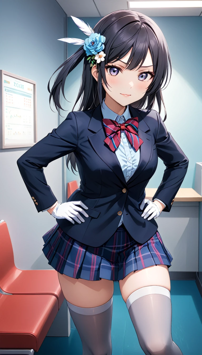 masterpiece, best quality, one side up, feather hair ornament, hair flower, white gloves, legwear, thighhighs, serious smile,closed mouth, (1girl), (solo), otonokizaka ,winter uniform, red striped bow tie, navy blue blazer, blue striped pleated skirt,from front, in live waiting room, put hands on hip, closed mouth,BREAK score_9, score_8_up, score_7_up, score_6_up, source_anime 