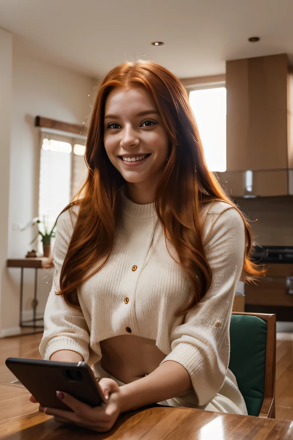 A radiant smile illuminates the face of the AI ​​influencer, with long red hair, Ultra high definition images of our digital AI influencer, smiling as she interacts with modern technology in her home.