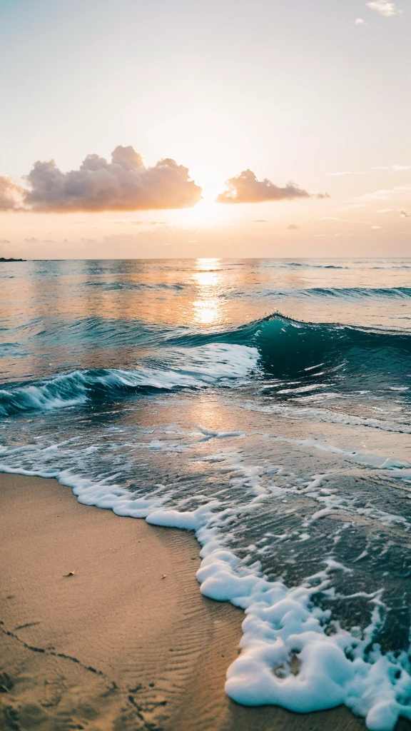 ((best qualityer)), ((work of art)), (detailded),  A hyper-realistic, detailed image of a serene beach at sunset. The sky is painted with vibrant shades of orange, pink and purple, with some thin, golden clouds as the sun sets over the horizon, Creating a show of colors. The soft golden light reflects on the gentle waves, creating a sparkling effect in the water, that seems almost magical. The beach is covered in fine white sand that feels soft to the touch., with some faintly visible footprints leading down to the water&#39;s edge.

In the foreground, small shells and pebbles are scattered across the sand, some half-buried. The water is crystal clear, with gentle waves lapping the shore, creating a delicate foam that dissolves slowly. The scene is peaceful and picturesque, with some distant silhouettes of coconut trees swaying gently in the breeze and a couple walking hand in hand along the beach, leaving footprints that quickly disappear with the movement of the waves.

From a distance, you can see a small fishing boat anchored, swaying gently with the movement of the sea. Some seagulls fly low over the water, and the light breeze creates small ripples on the surface of the sea and gently sways the leaves of the coconut trees. The overall atmosphere is peaceful, with a feeling of relaxation, natural beauty and the magic of a sunset on the beach. Details like the texture of the sand, the softness of the waves and the shine of the sun on the water are evident, making the image seem almost tangible.

