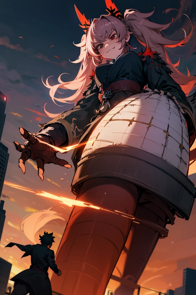 kenjaku,jjk sorcerer, GtsGiga, Gtscity, Rampage,evil,uncaring,pissed off, red aura,hands held tiward,psychotic smile,ready to crash out,Red Engery Ball,cityscape,muscular,bkack trenhcoat,Looming,twintails, domain expansion